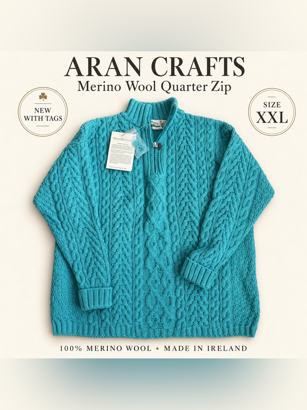 Aran Crafts Green Merino Wool Cable Knit Full Zip Cardigan XXL NWT